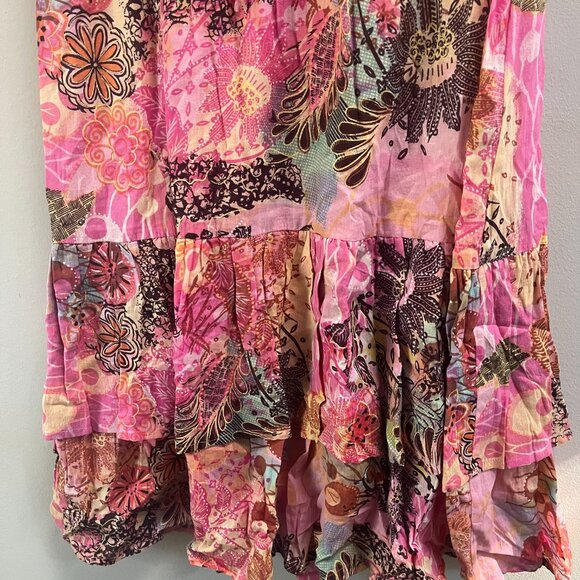 Chaudry Anthro Floral Tiered V-Neck Ruched Cinch Waist Dress Pink Boho NEW Small - Picture 3 of 5
